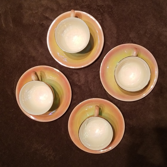 1940s Vintage Royal Winton Grimwades Orange Green Lustreware Set 4 Cups/Saucers - Picture 7 of 17